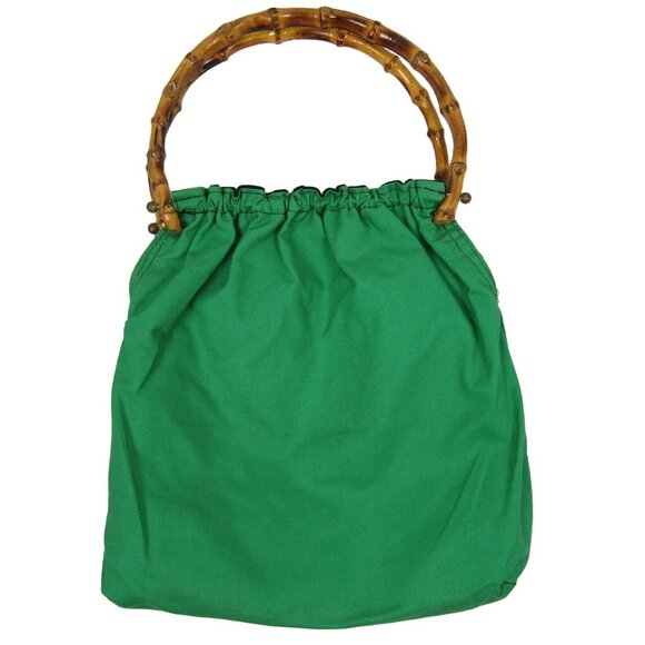 Vintage Tulip Appliqué Bamboo Handle Blue & Green Fabric Handbag Spring 80's - Picture 2 of 9